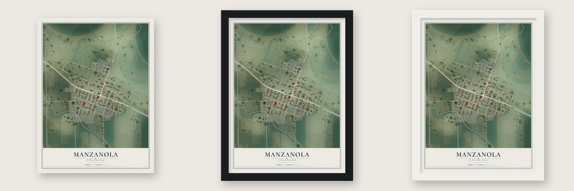 Manzanola, Colorado map unframed, in a black wood frame and in a white wood frame