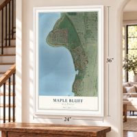 Maple Bluff, Wisconsin map, 24 x 36 inch print in a white frame by a staircase