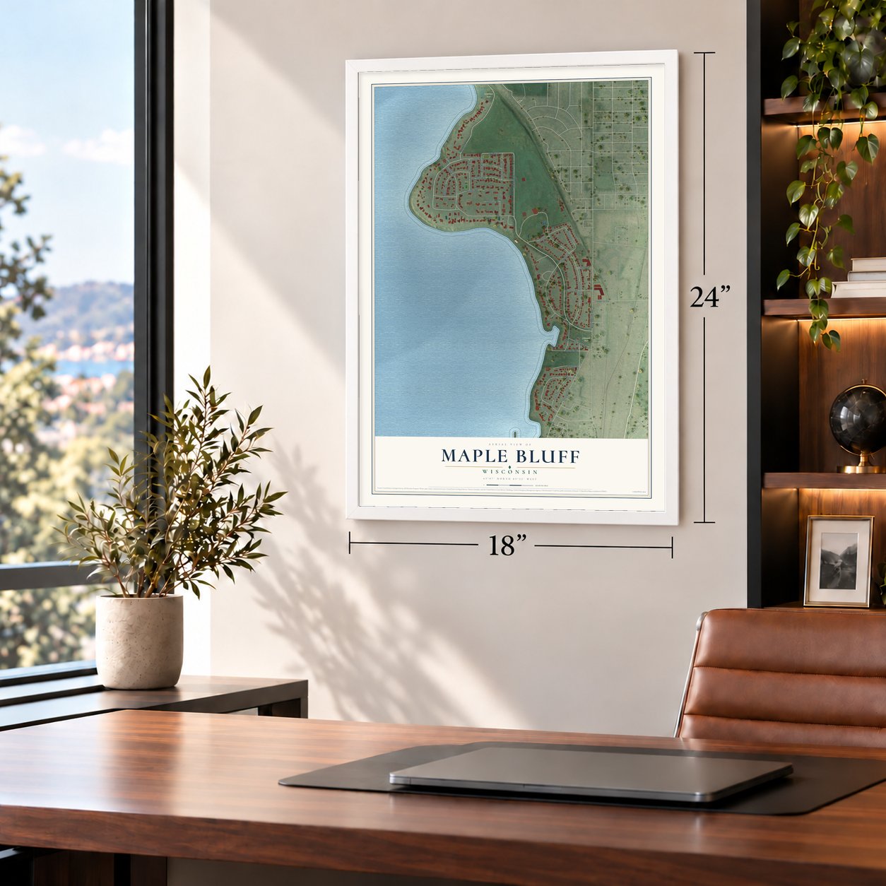 Maple Bluff, Wisconsin map, 18 x 24 inch print in a white frame in a home office