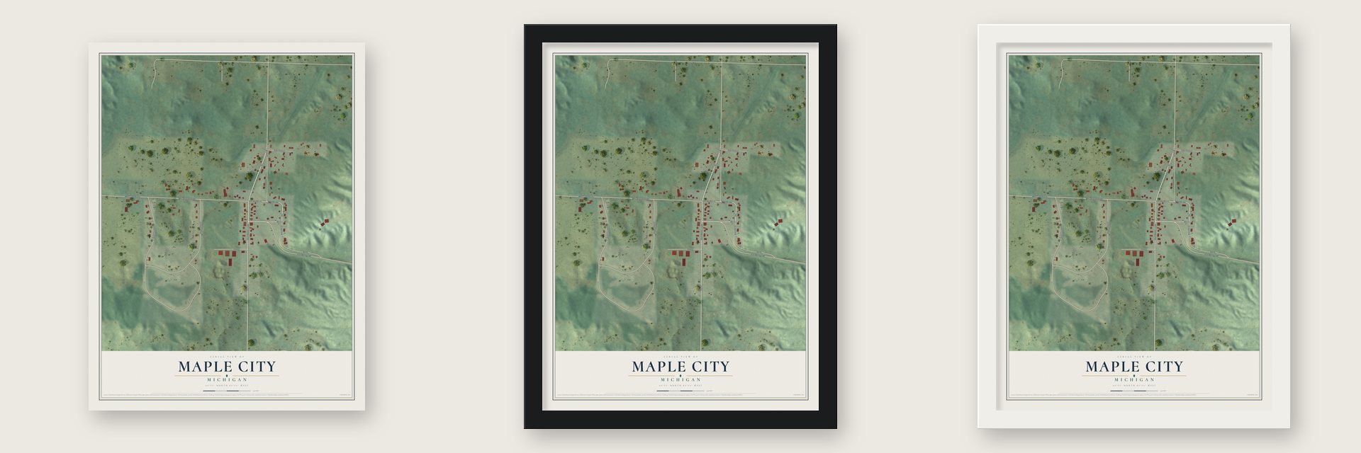 Maple City, Michigan map unframed, in a black wood frame and in a white wood frame
