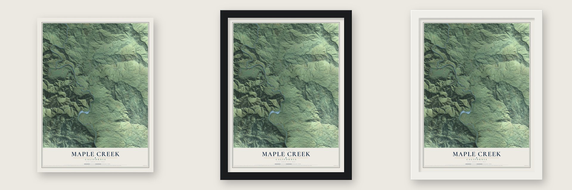 Maple Creek, California map unframed, in a black wood frame and in a white wood frame
