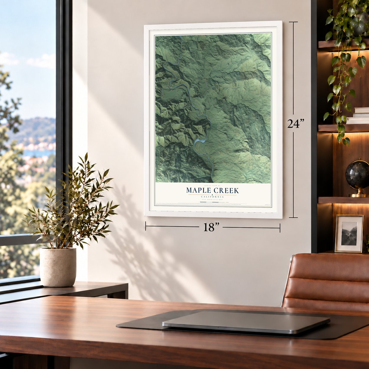 Maple Creek, California map, 18 x 24 inch print in a white frame in a home office