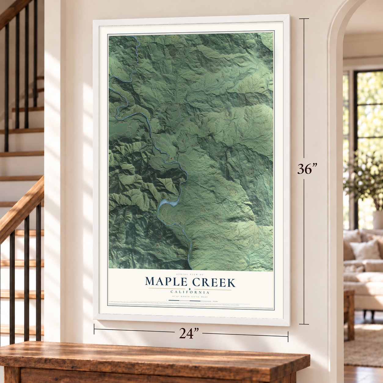 Maple Creek, California map, 24 x 36 inch print in a white frame by a staircase