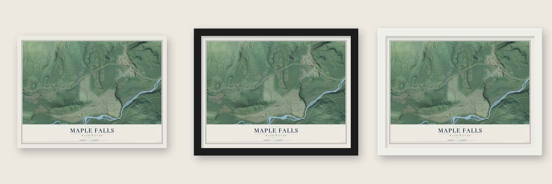 Maple Falls, Washington map unframed, in a black wood frame and in a white wood frame
