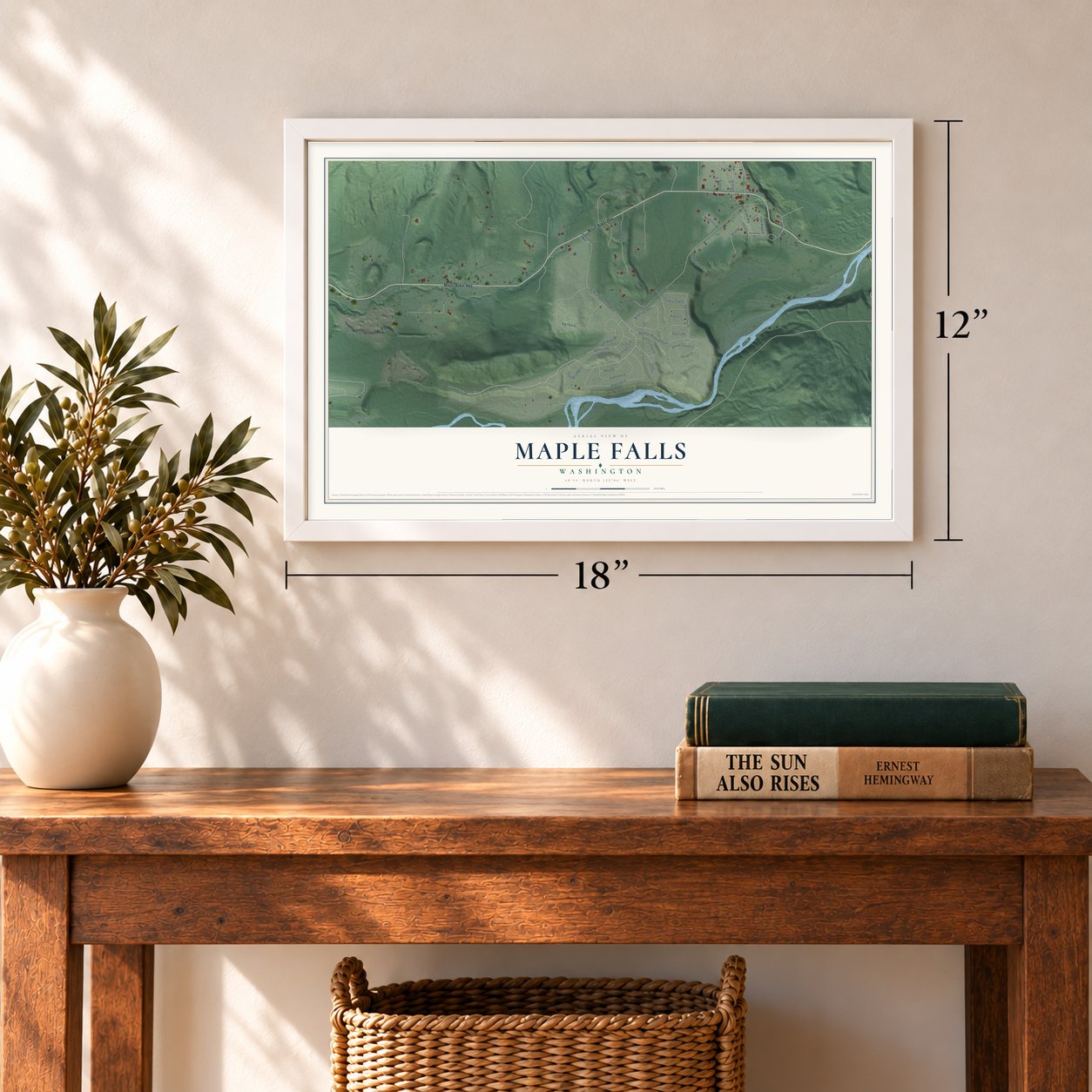 Maple Falls, Washington map, 12 x 18 inch print in a white frame in an entryway