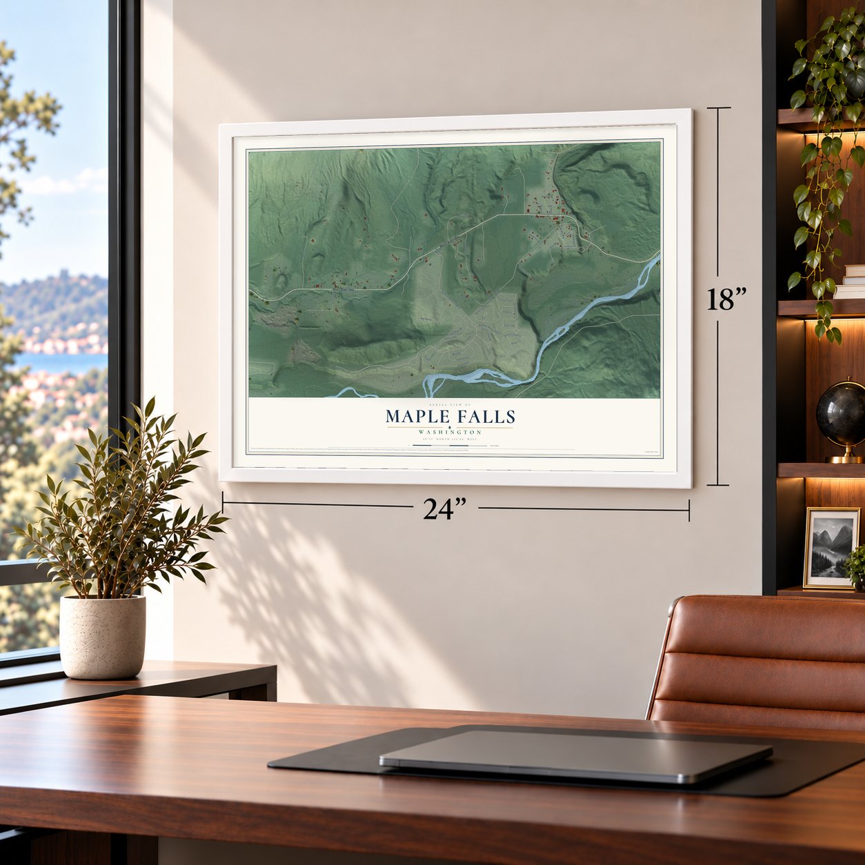 Maple Falls, Washington map, 18 x 24 inch print in a white frame in a home office