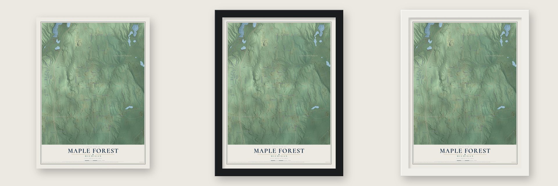 Maple Forest, Michigan map unframed, in a black wood frame and in a white wood frame