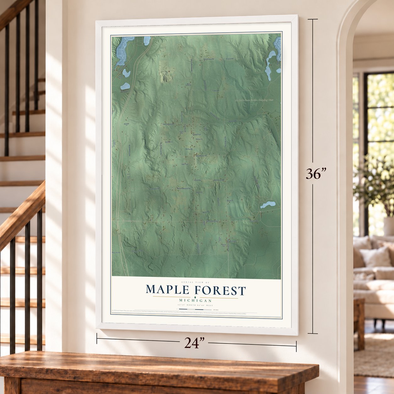 Maple Forest, Michigan map, 24 x 36 inch print in a white frame by a staircase