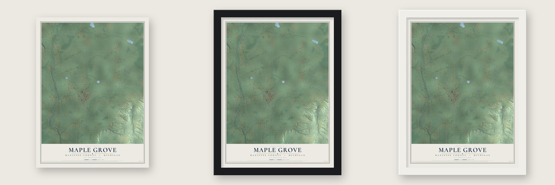 Maple Grove, Manistee County, Michigan map unframed, in a black wood frame and in a white wood frame