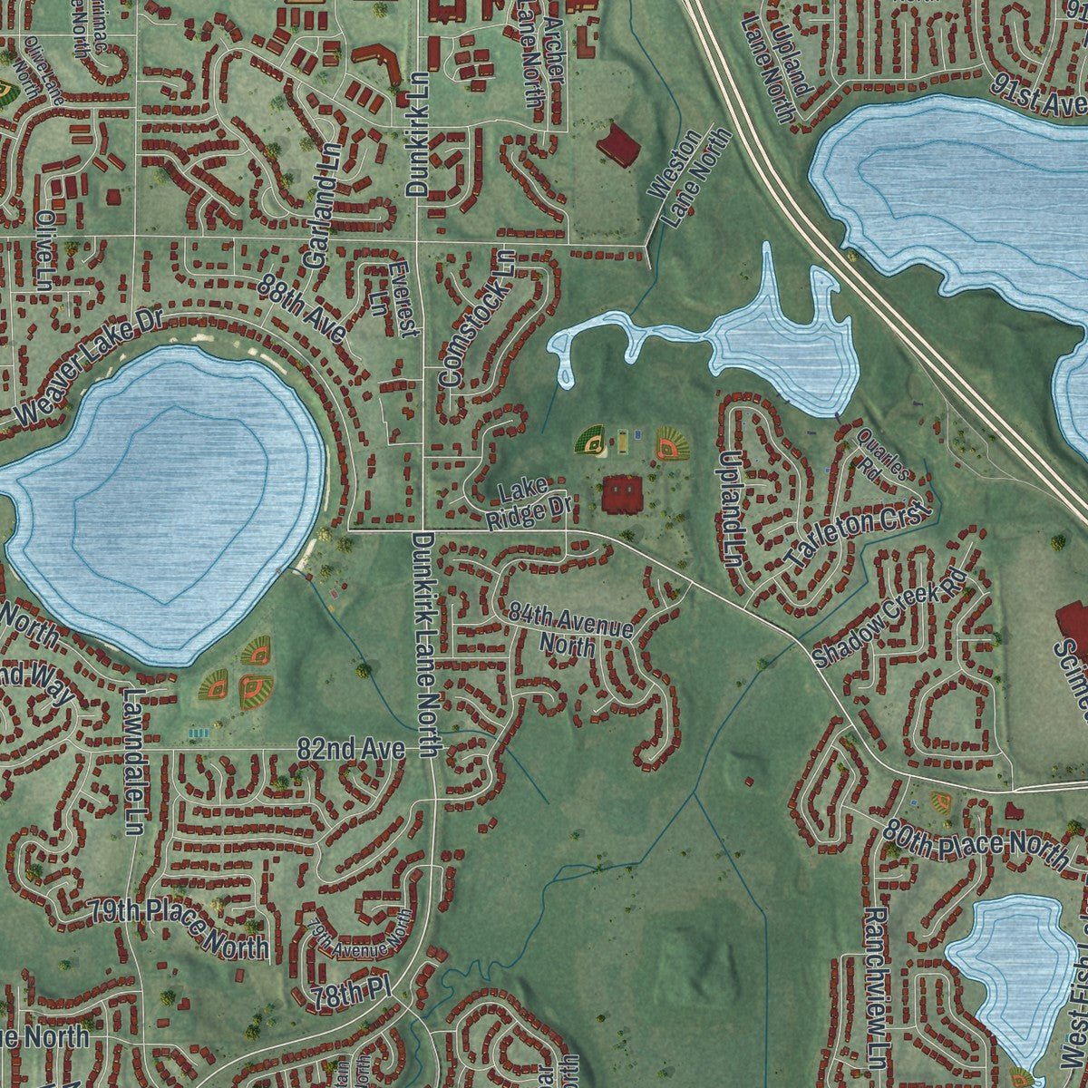 Second close-up of the map of Maple Grove, Minnesota print showing more streets and buildings