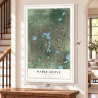 Maple Grove, Minnesota map, 24 x 36 inch print in a white frame by a staircase