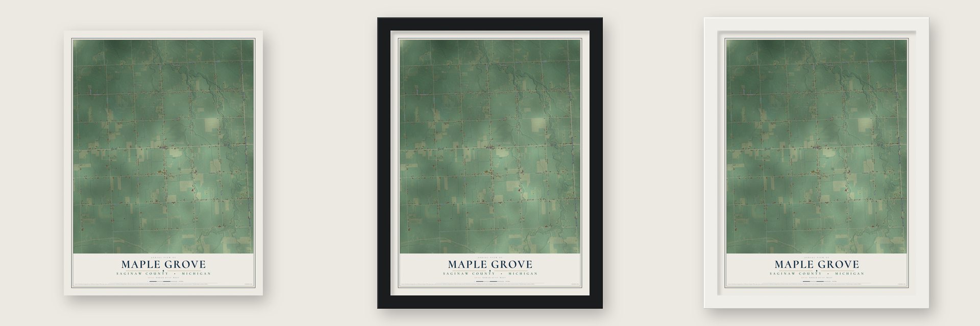 Maple Grove, Saginaw County, Michigan map unframed, in a black wood frame and in a white wood frame