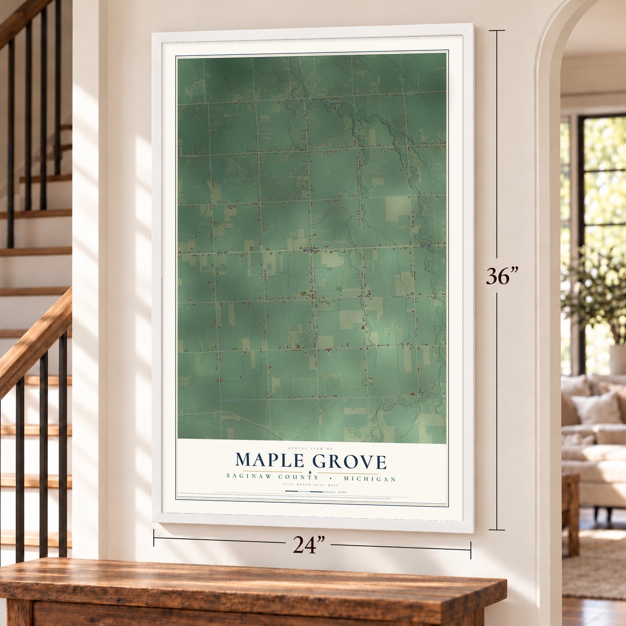 Maple Grove, Saginaw County, Michigan map, 24 x 36 inch print in a white frame by a staircase
