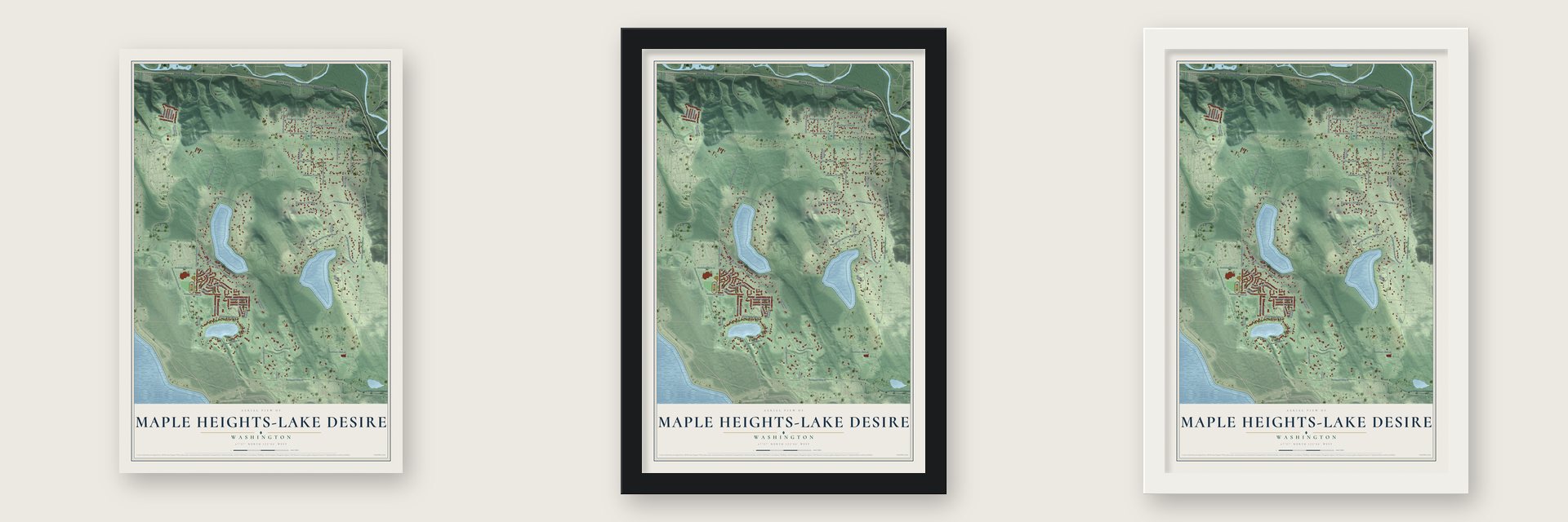 Maple Heights-Lake Desire, Washington map unframed, in a black wood frame and in a white wood frame