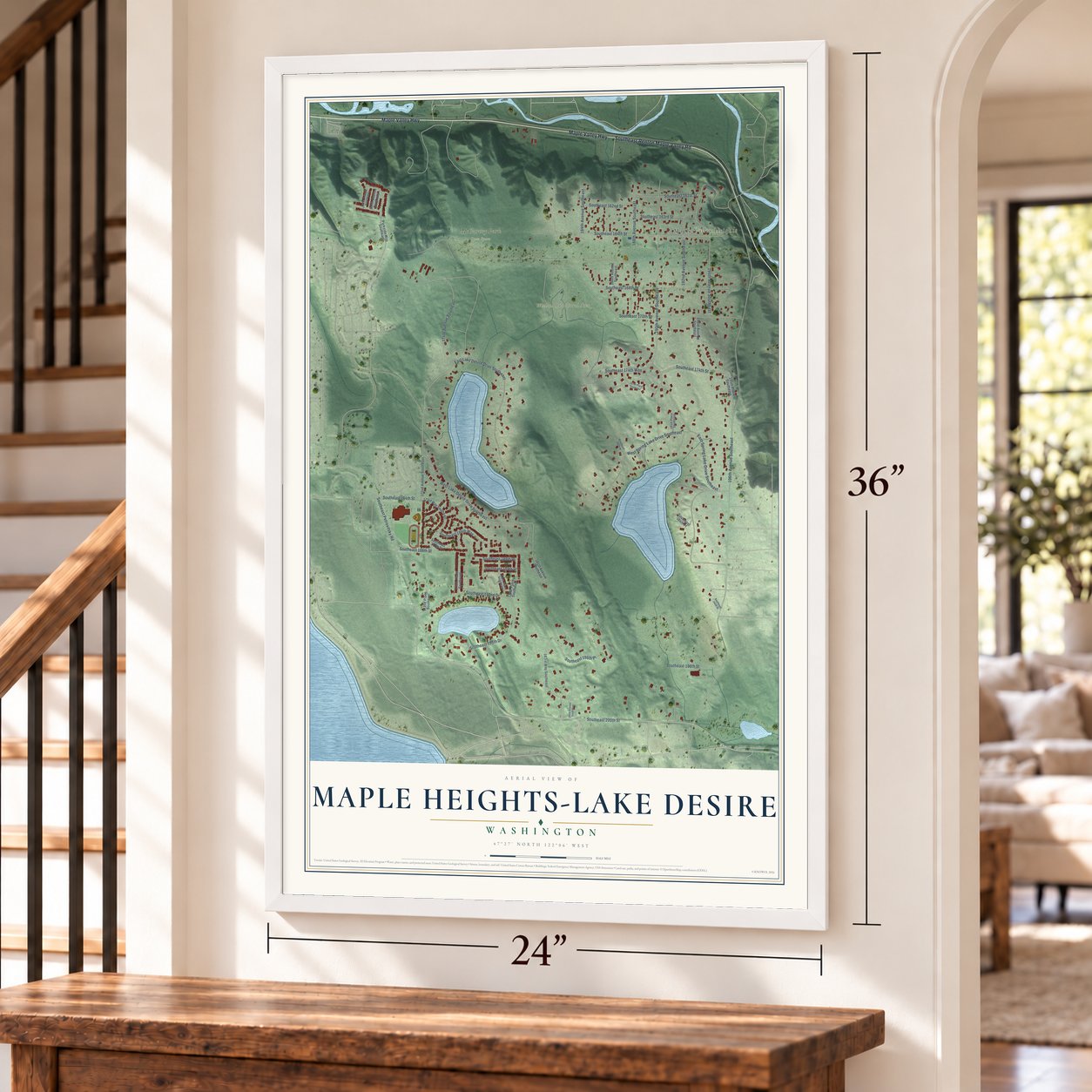 Maple Heights-Lake Desire, Washington map, 24 x 36 inch print in a white frame by a staircase