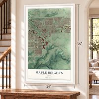 Maple Heights, Ohio map, 24 x 36 inch print in a white frame by a staircase