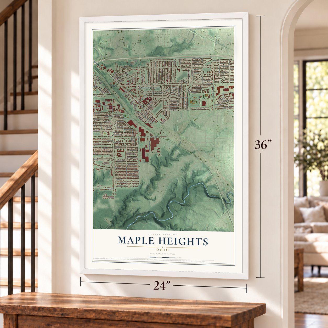 Maple Heights, Ohio map, 24 x 36 inch print in a white frame by a staircase