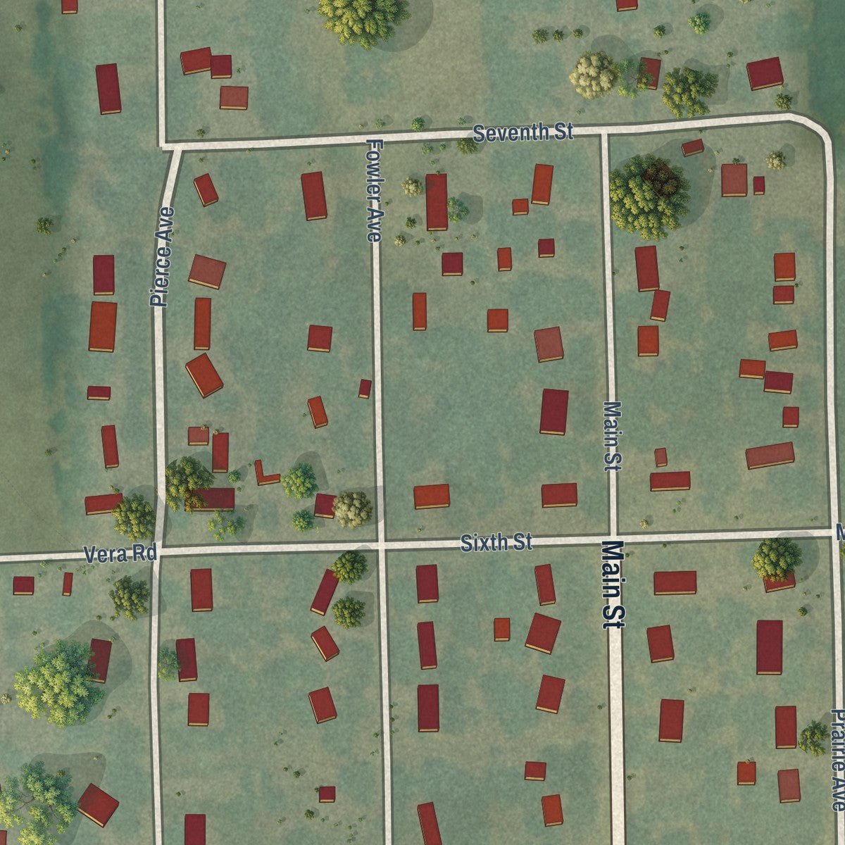 Second close-up of the map of Maple Hill, Kansas print showing more streets and buildings