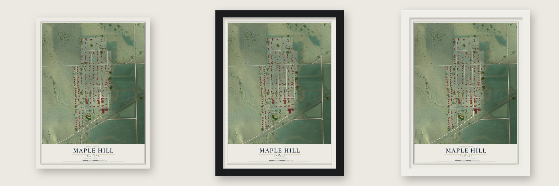 Maple Hill, Kansas map unframed, in a black wood frame and in a white wood frame