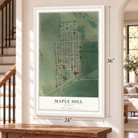 Maple Hill, Kansas map, 24 x 36 inch print in a white frame by a staircase