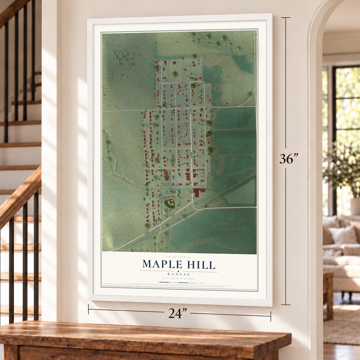Maple Hill, Kansas map, 24 x 36 inch print in a white frame by a staircase