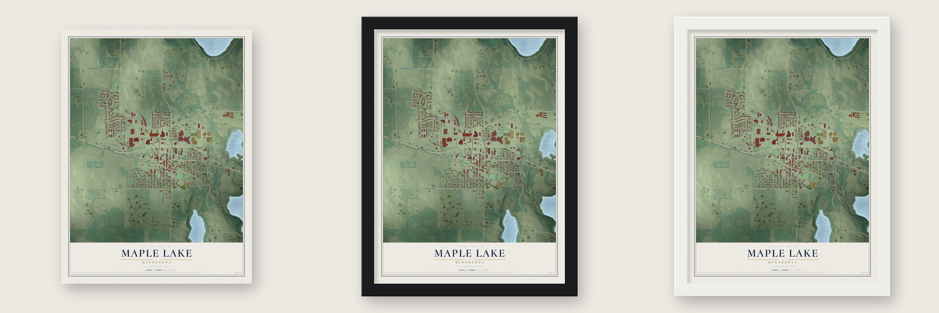Maple Lake, Minnesota map unframed, in a black wood frame and in a white wood frame