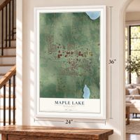 Maple Lake, Minnesota map, 24 x 36 inch print in a white frame by a staircase