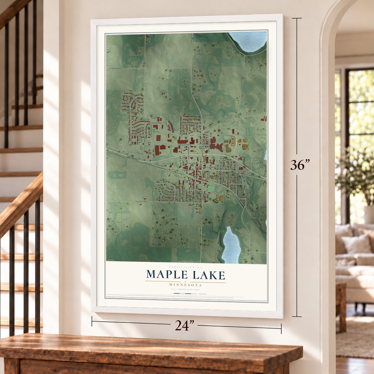 Maple Lake, Minnesota map, 24 x 36 inch print in a white frame by a staircase