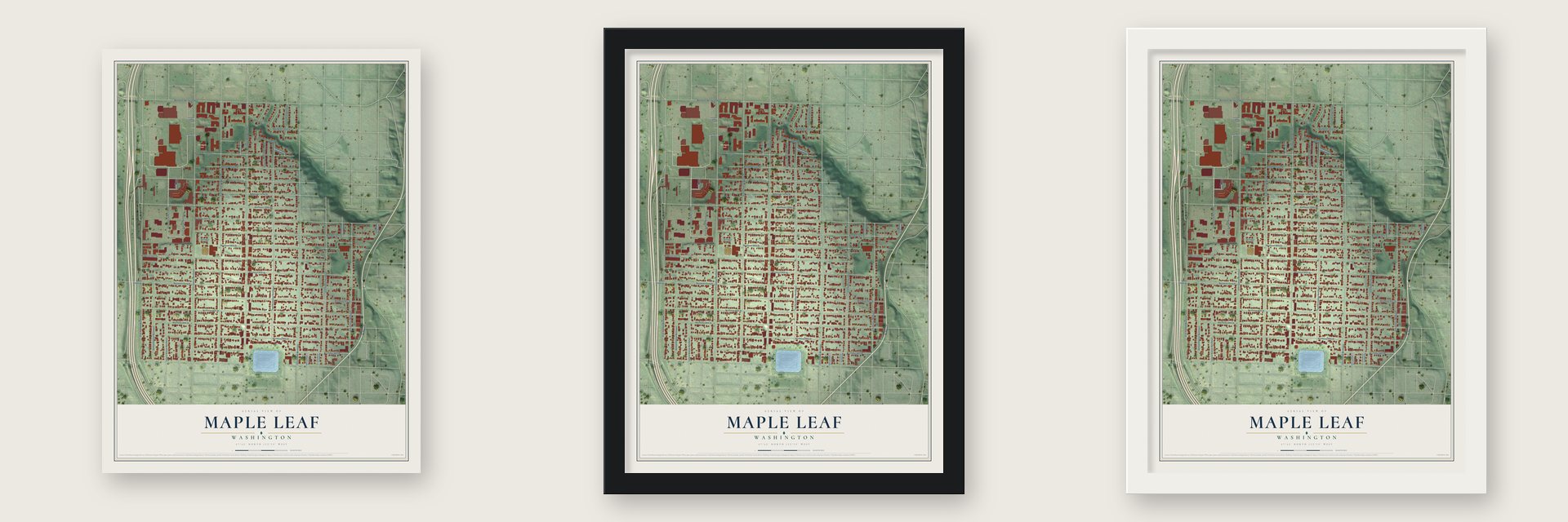 Maple Leaf, Washington map unframed, in a black wood frame and in a white wood frame