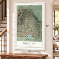 Maple Leaf, Washington map, 24 x 36 inch print in a white frame by a staircase