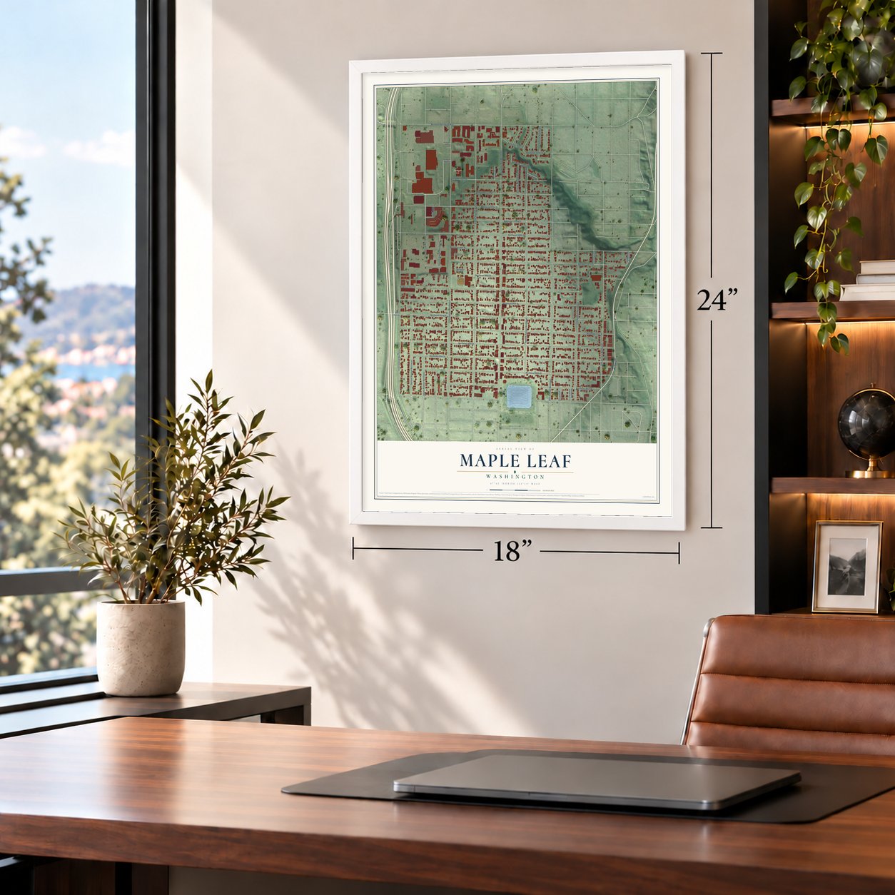 Maple Leaf, Washington map, 18 x 24 inch print in a white frame in a home office