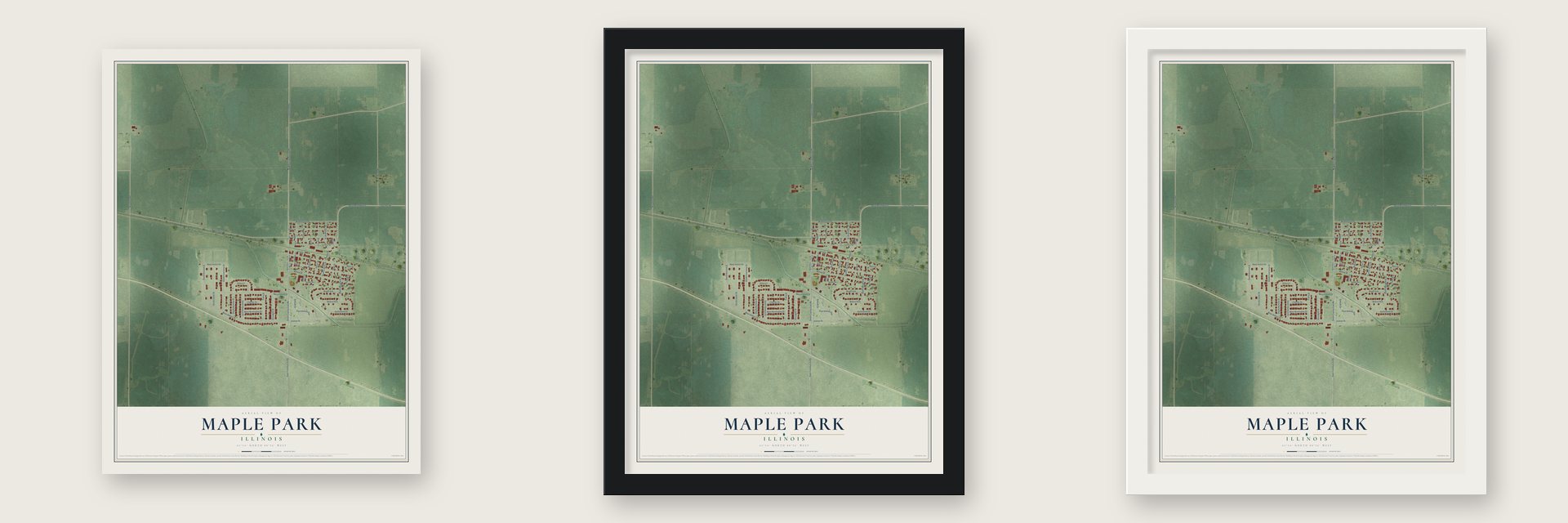 Maple Park, Illinois map unframed, in a black wood frame and in a white wood frame