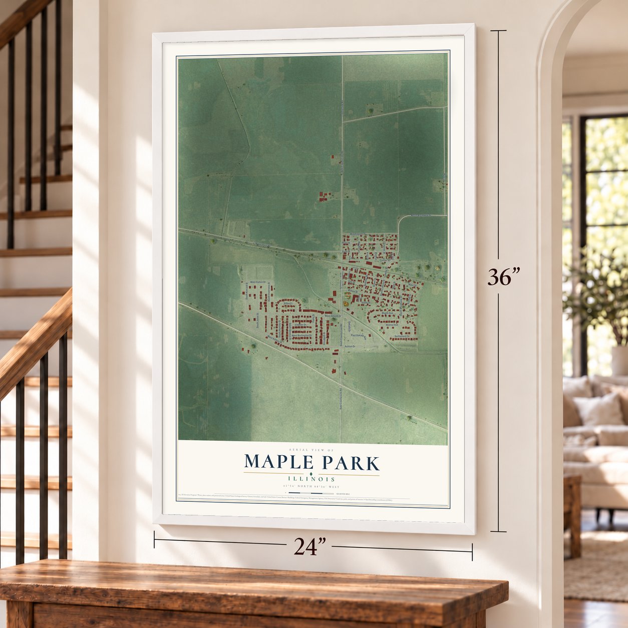 Maple Park, Illinois map, 24 x 36 inch print in a white frame by a staircase