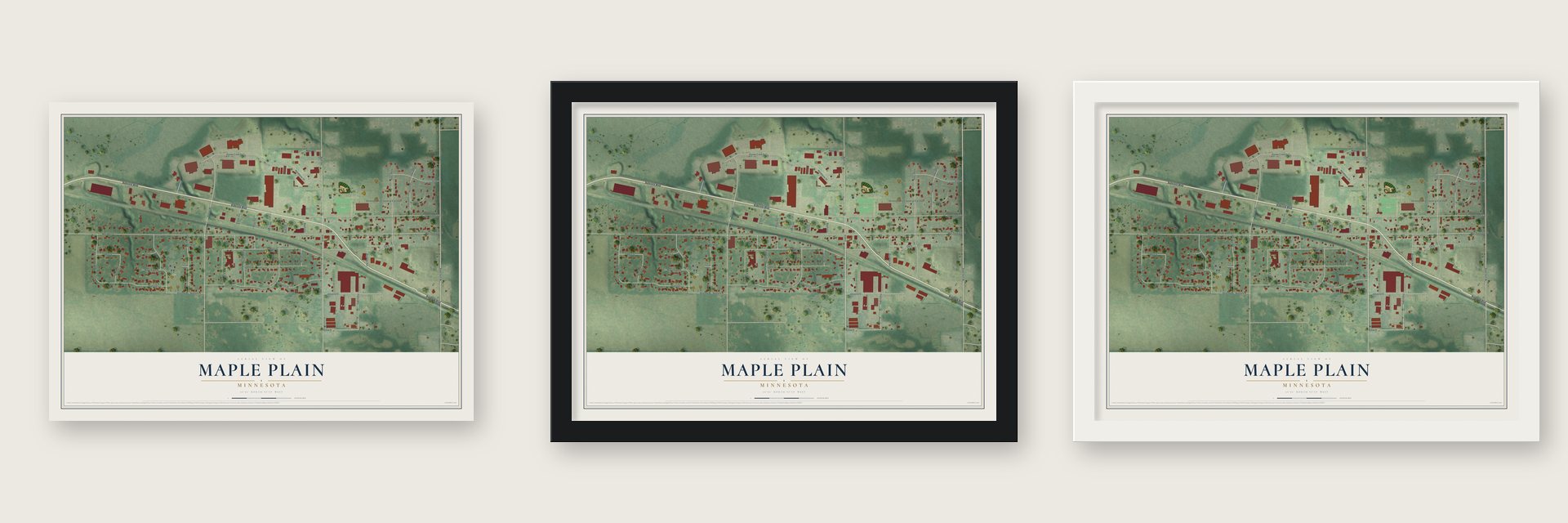 Maple Plain, Minnesota map unframed, in a black wood frame and in a white wood frame