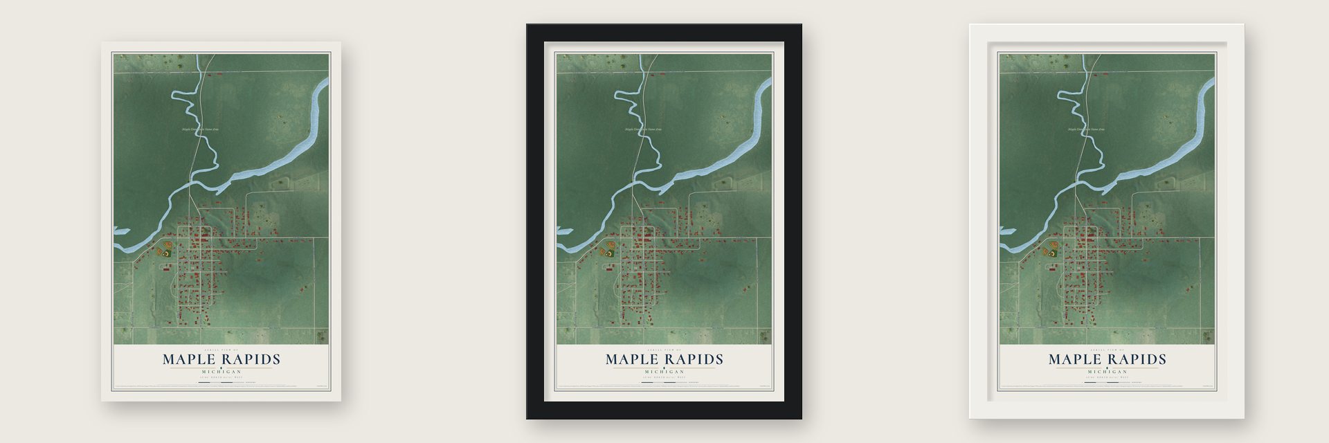 Maple Rapids, Michigan map unframed, in a black wood frame and in a white wood frame