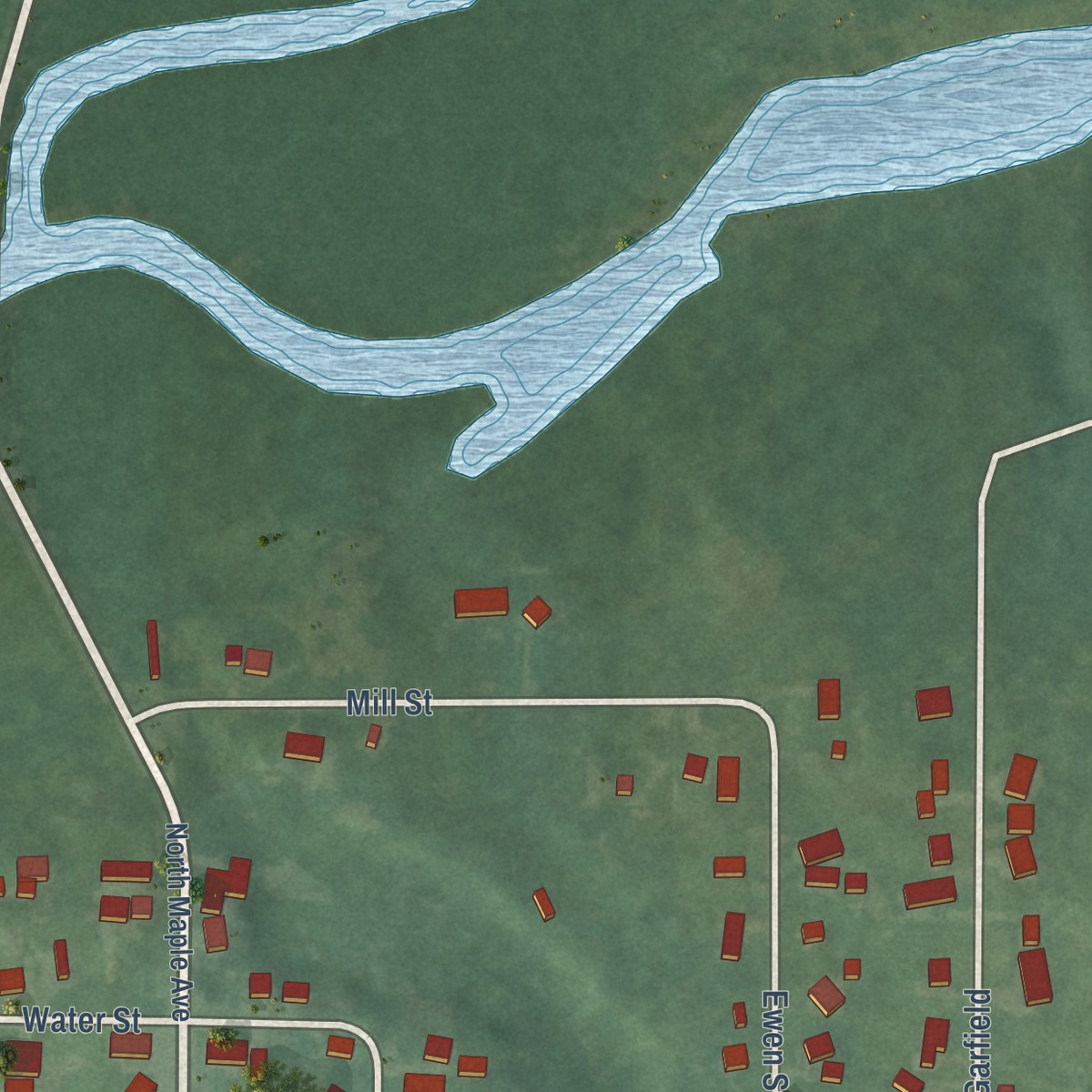 Second close-up of the map of Maple Rapids, Michigan print showing more streets and buildings