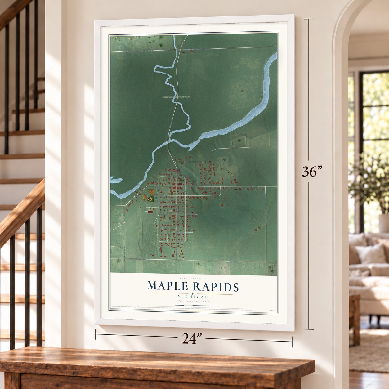 Maple Rapids, Michigan map, 24 x 36 inch print in a white frame by a staircase