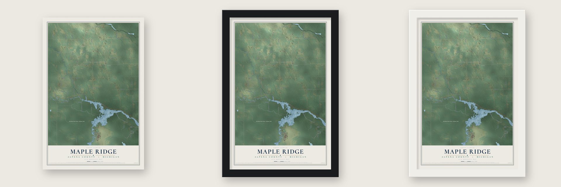 Maple Ridge, Alpena County, Michigan map unframed, in a black wood frame and in a white wood frame