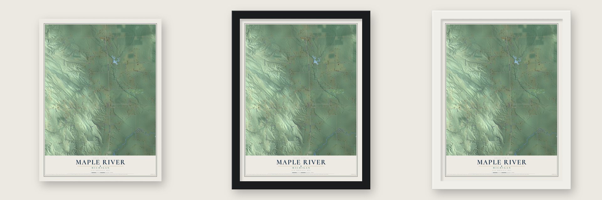 Maple River, Michigan map unframed, in a black wood frame and in a white wood frame