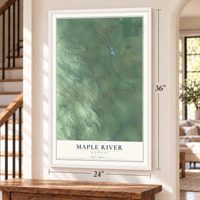 Maple River, Michigan map, 24 x 36 inch print in a white frame by a staircase