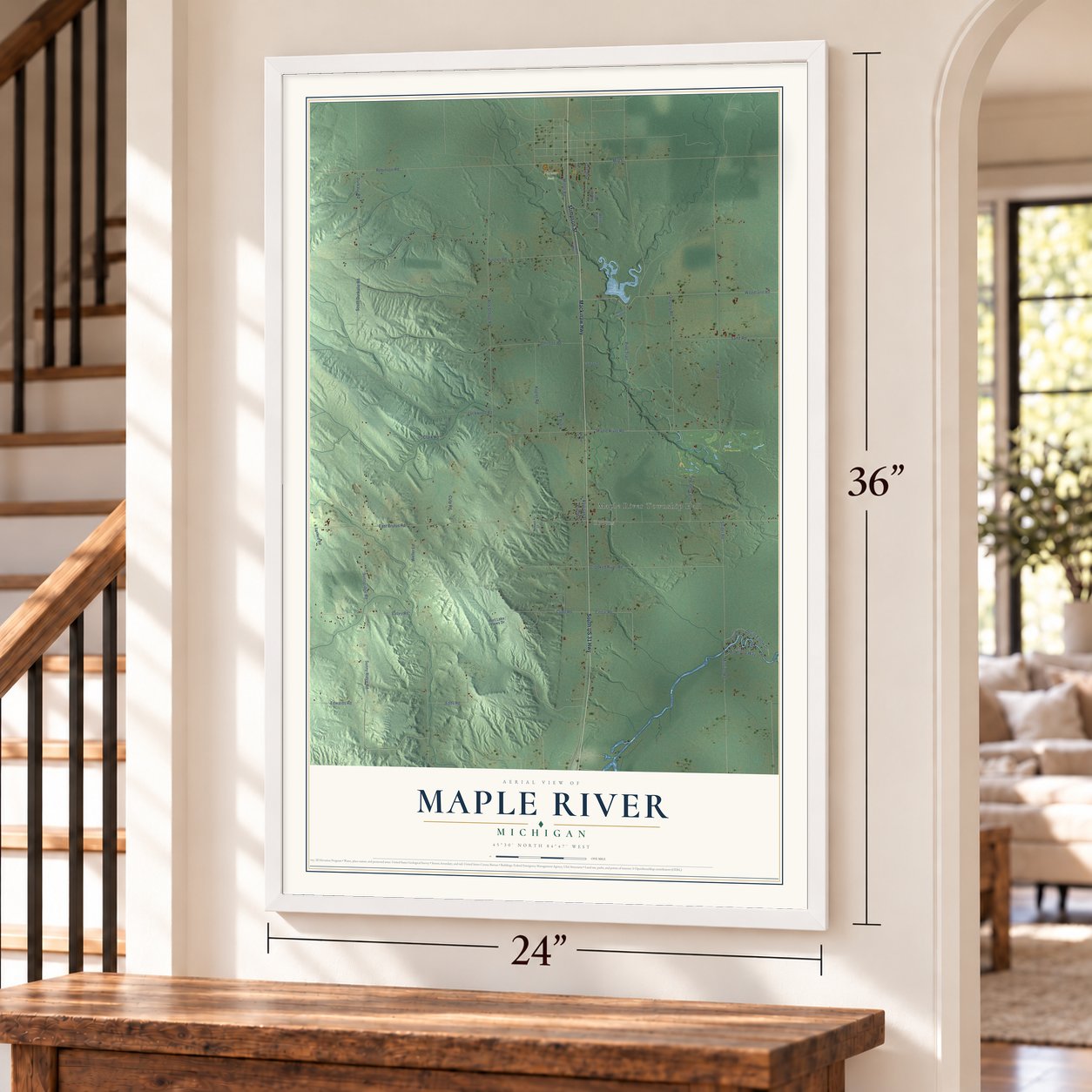 Maple River, Michigan map, 24 x 36 inch print in a white frame by a staircase