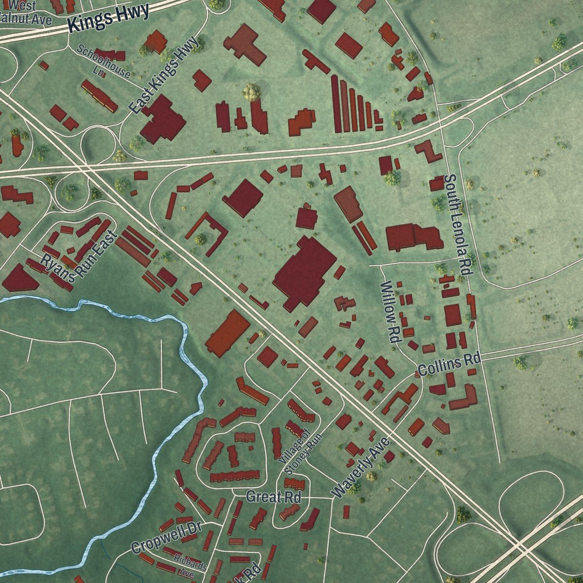 Second close-up of the map of Maple Shade, New Jersey print showing more streets and buildings