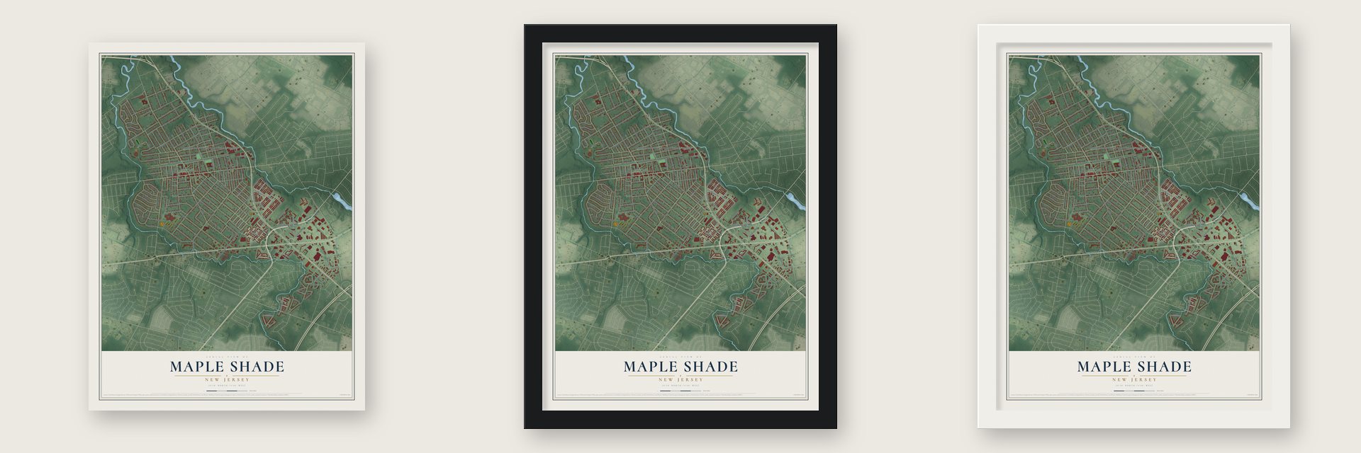 Maple Shade, New Jersey map unframed, in a black wood frame and in a white wood frame