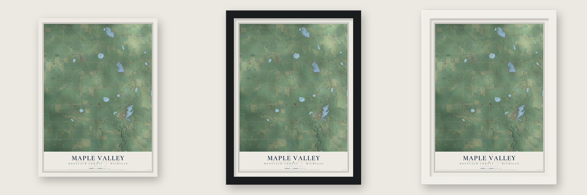 Maple Valley, Montcalm County, Michigan map unframed, in a black wood frame and in a white wood frame