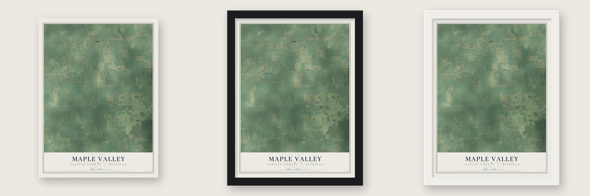 Maple Valley, Sanilac County, Michigan map unframed, in a black wood frame and in a white wood frame
