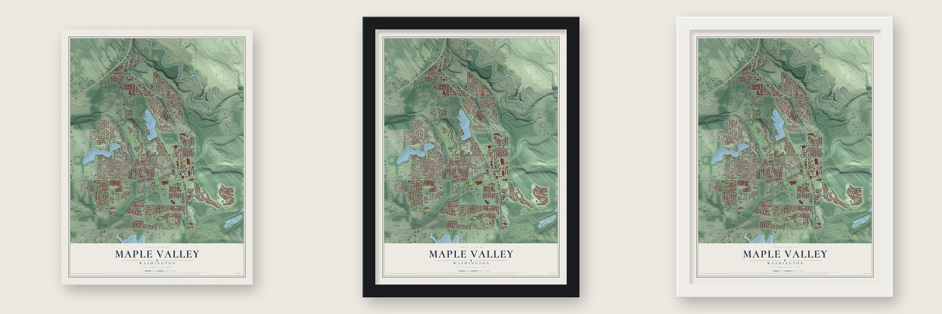 Maple Valley, Washington map unframed, in a black wood frame and in a white wood frame