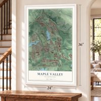 Maple Valley, Washington map, 24 x 36 inch print in a white frame by a staircase
