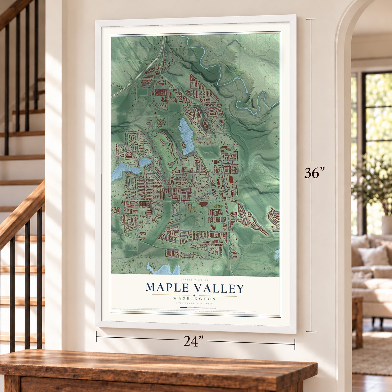 Maple Valley, Washington map, 24 x 36 inch print in a white frame by a staircase