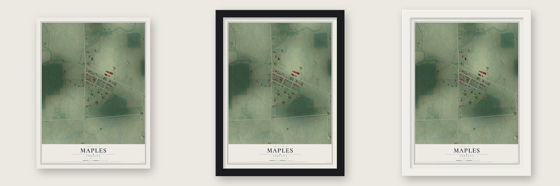 Maples, Indiana map unframed, in a black wood frame and in a white wood frame