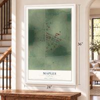 Maples, Indiana map, 24 x 36 inch print in a white frame by a staircase